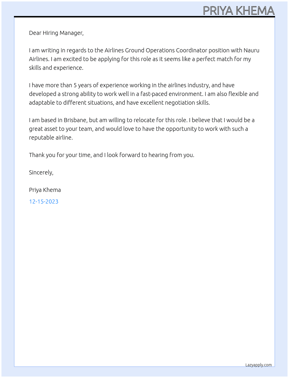 Airlines Ground Operations Coordinator At Nauru Airlines Cover Letter