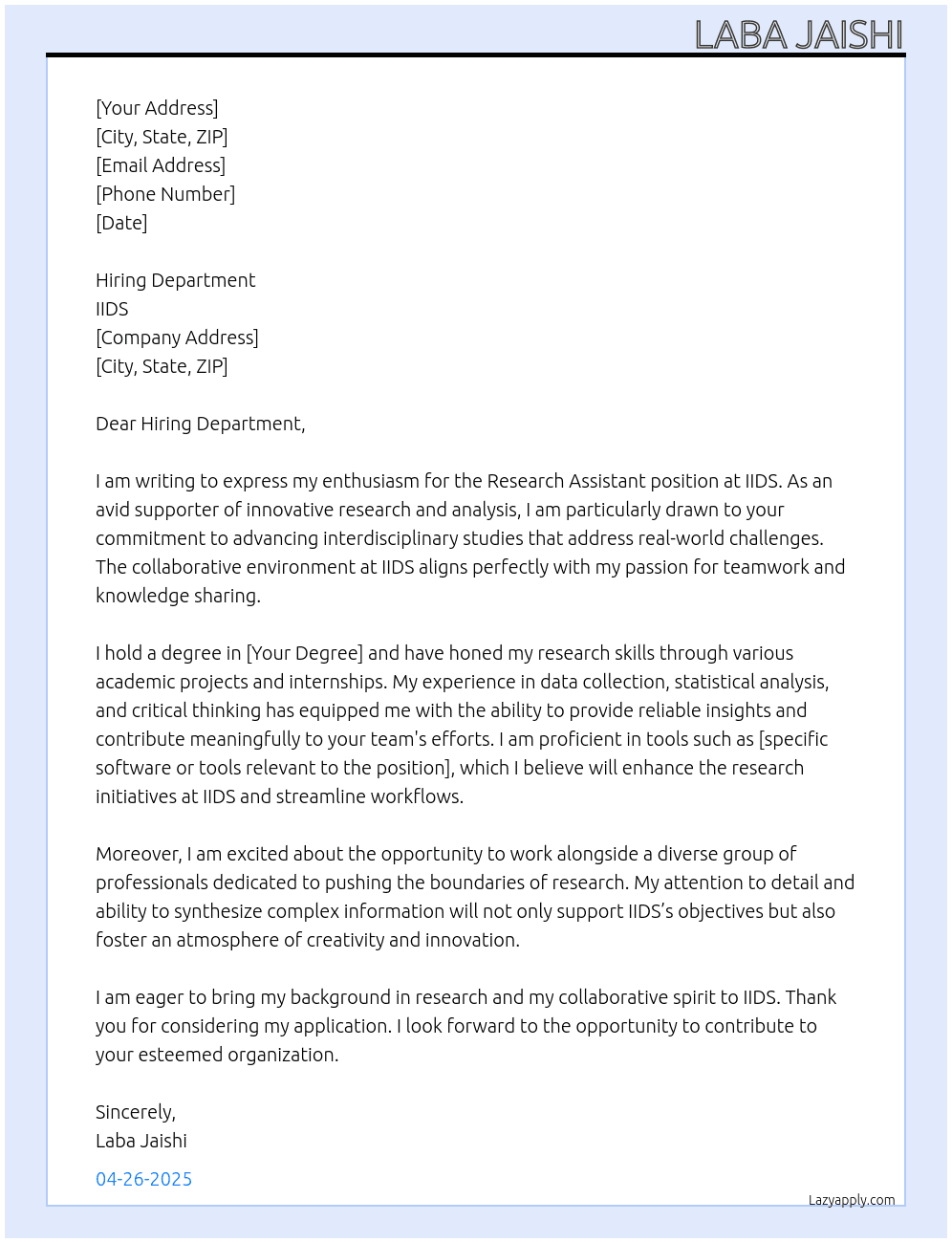 research assistant At iids Cover Letter