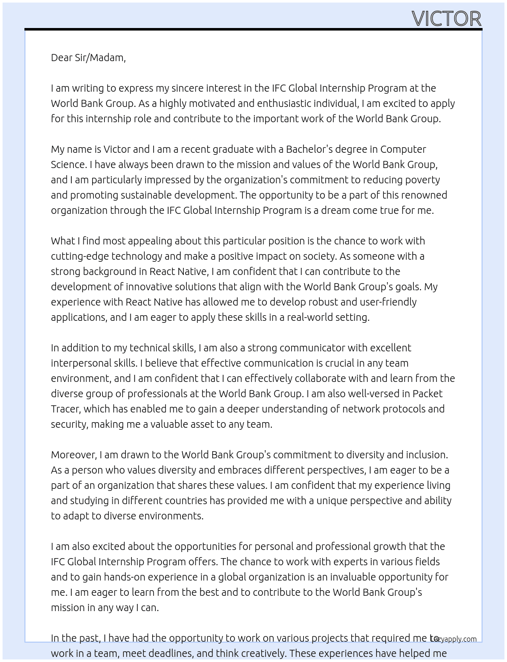 Cover letter for ifc global internship program - LazyApply