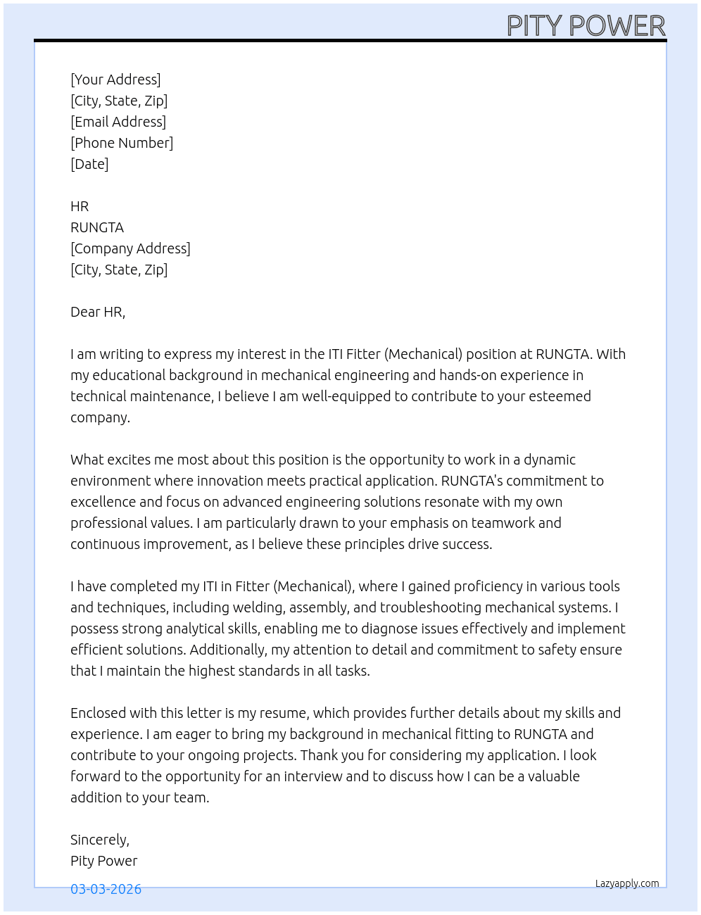 ITI FITTER (Mechanical) At RUNGTA Cover Letter