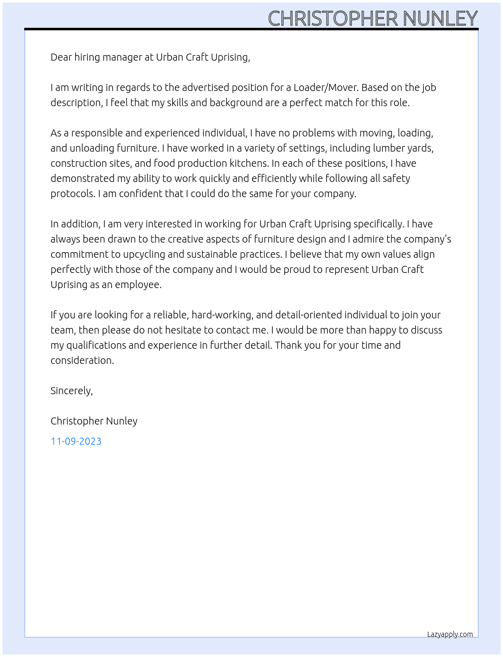Loader/mover At Urban Craft Uprising Cover Letter