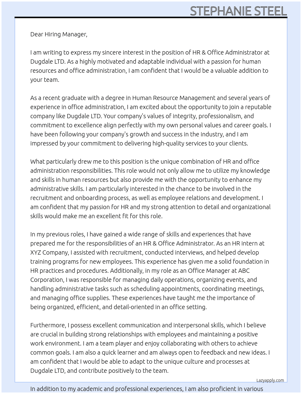 HR & Office Administrator At Dugdale LTD  Cover Letter