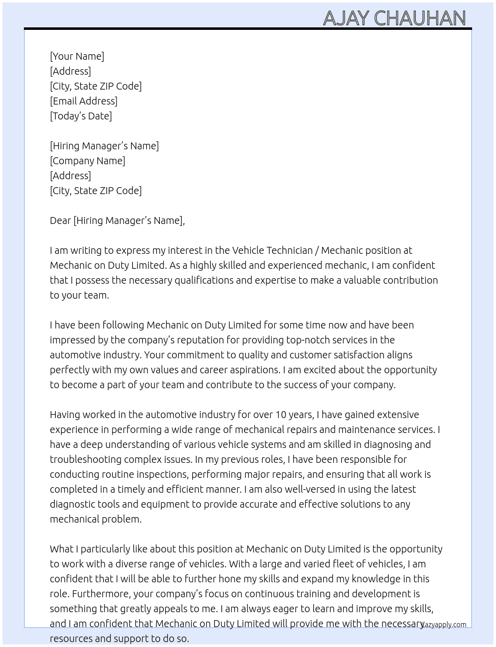 Cover letter for vehicle technician / mechanic - LazyApply