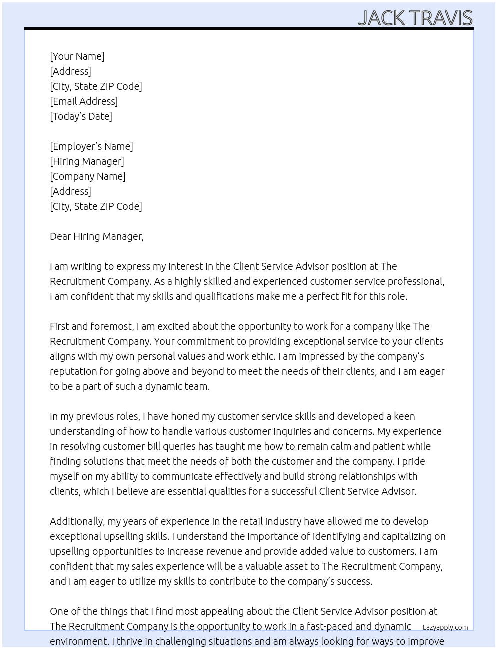 Client Service Advisor  At The Recruitment Company Cover Letter
