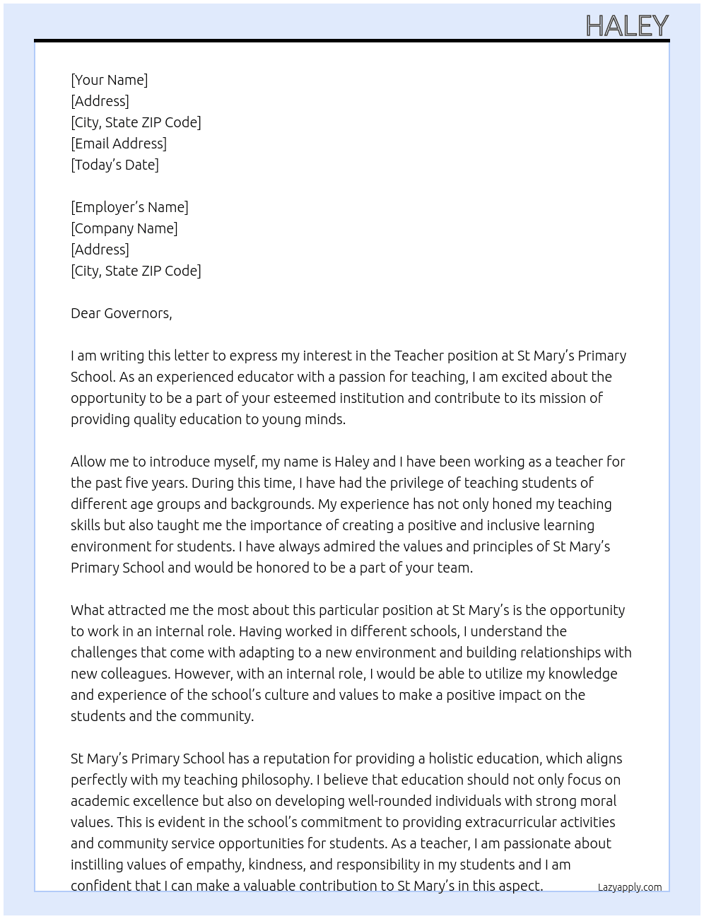 Teacher At St Mary’s Priamry School Cover Letter