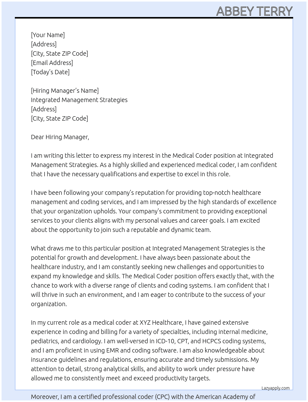 medical coder At Integrated Management Strategies Cover Letter