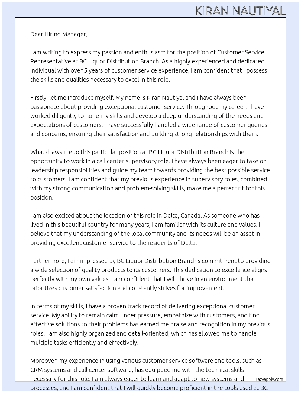 Customer Service Representative At BC Liquor Distribution Branch Cover Letter