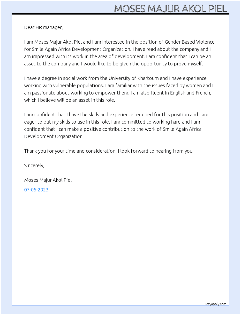 Gender Based Violence  At Smile Again Africa Development Organization  Cover Letter