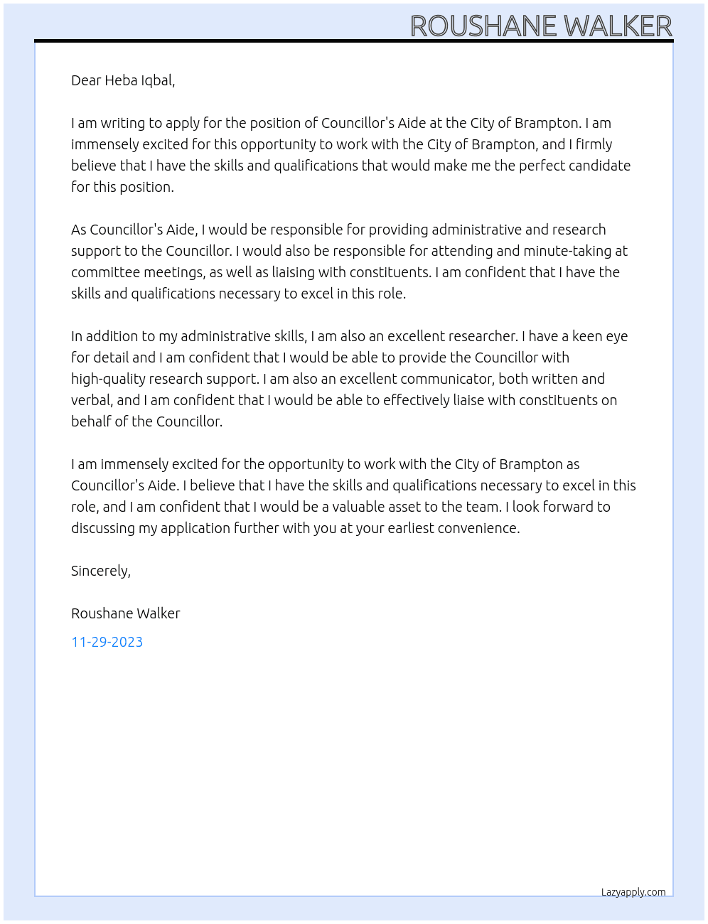 Councillor's Aide At City of Brampton Cover Letter