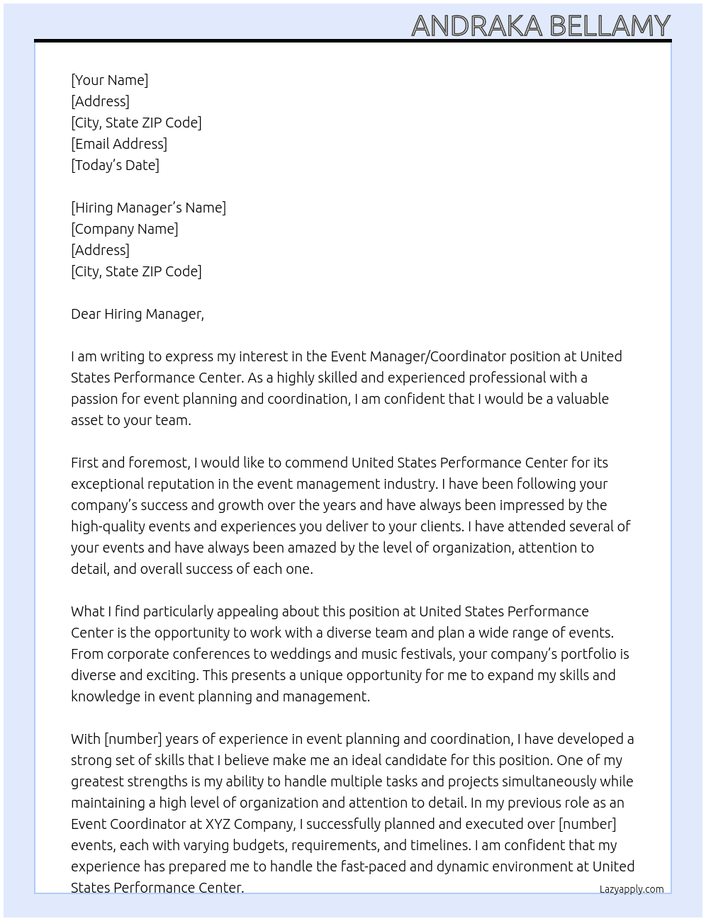 Event Manager/Coordinator At United States Performance Center Cover Letter