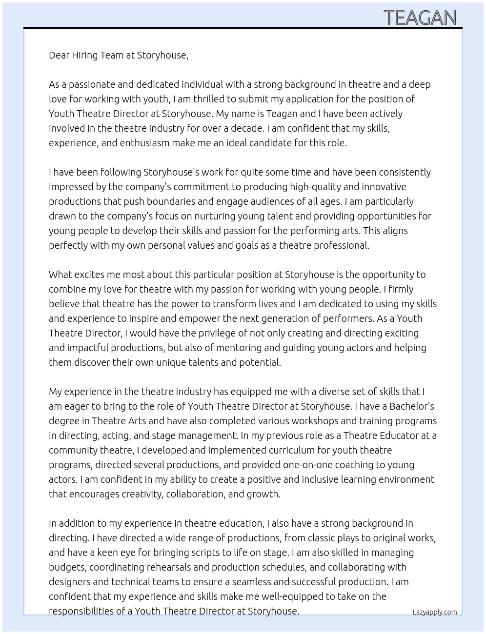 Youth Theatre Director At Storyhouse Cover Letter