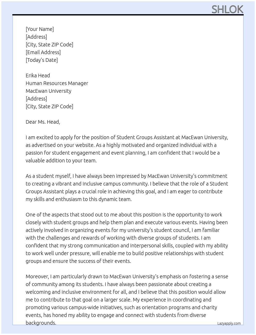 Student Groups Assistant At MacEwan University Cover Letter