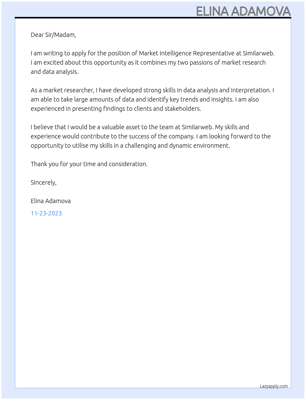 Market Intelligence Representative At Similarweb Cover Letter
