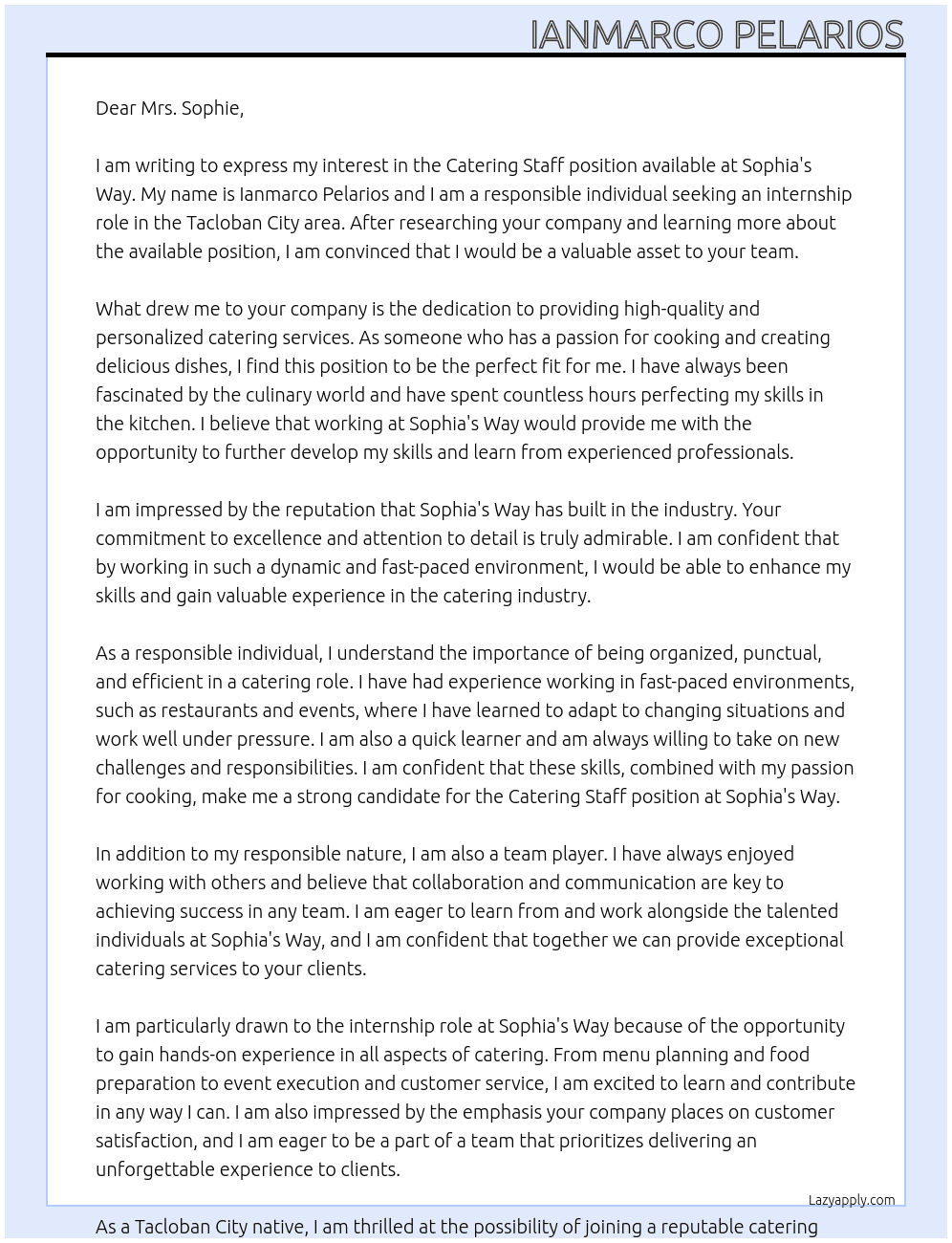 Catering Staff At Sophia's Way  Cover Letter