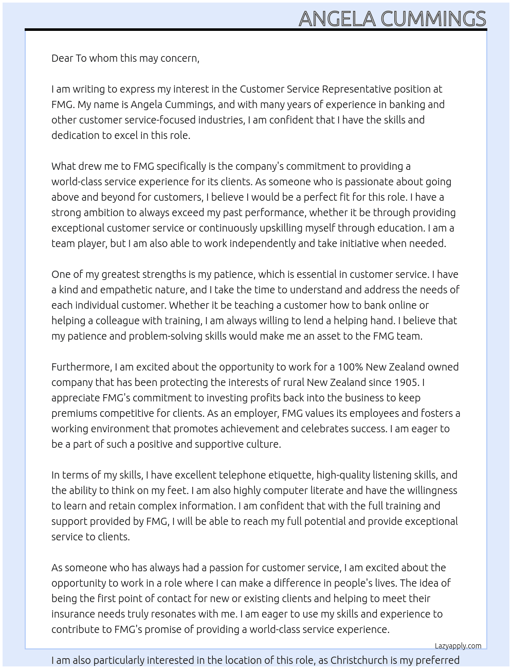 Customer Service Representative At FMG Cover Letter