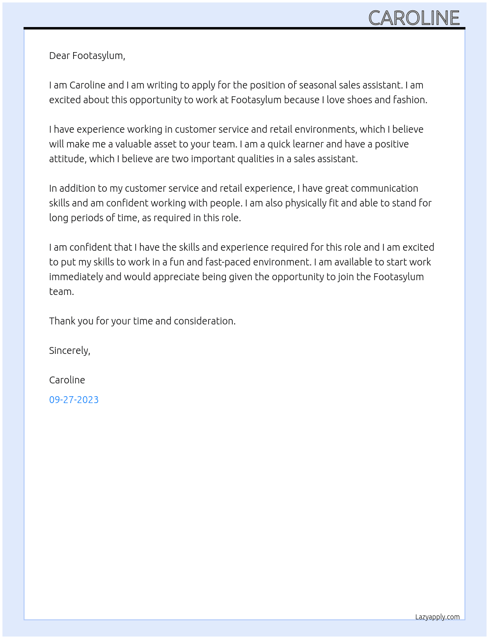 Seasonal sales assistant  At Footasylum Cover Letter