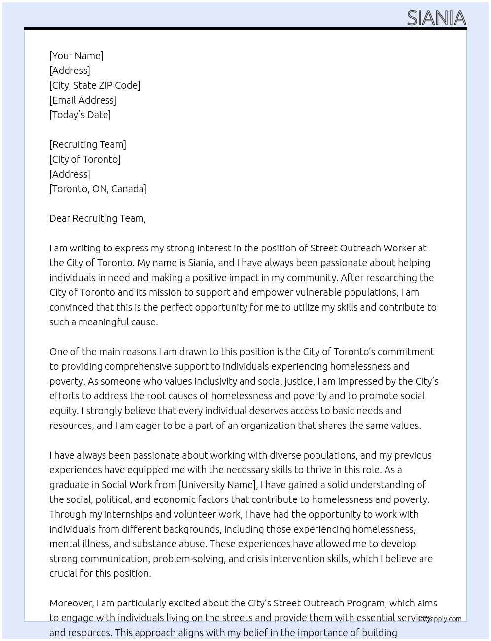STREET OUTREACH WORKER At City of Toronto Cover Letter