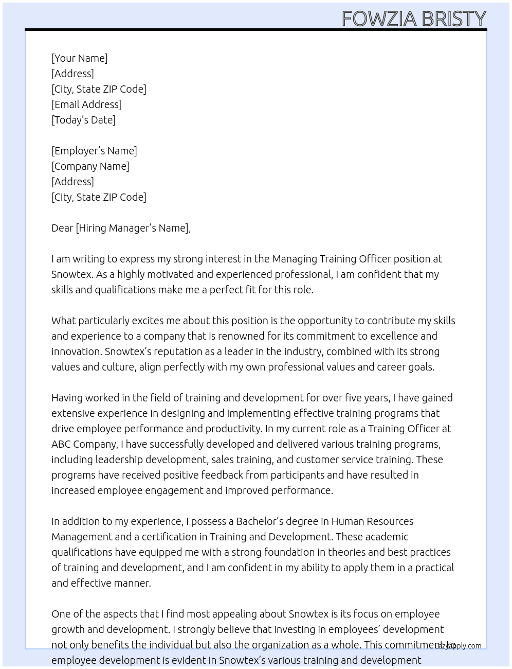 Maneging Traine Officer At Snowtex Cover Letter