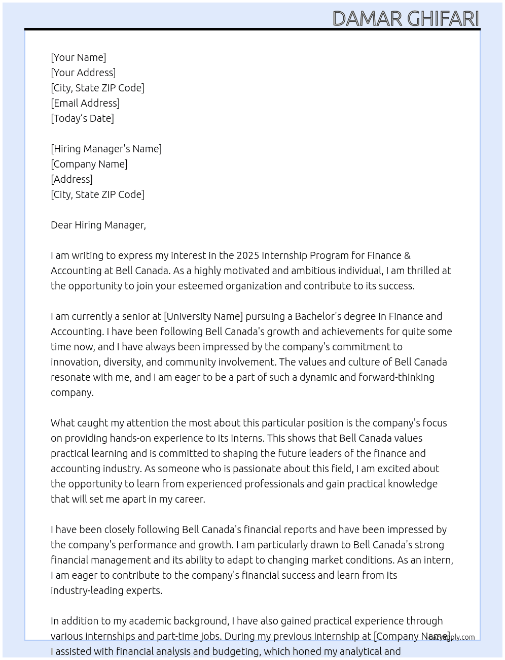  2025 Internship Program- Finance & Accounting At Bell Canada Cover Letter