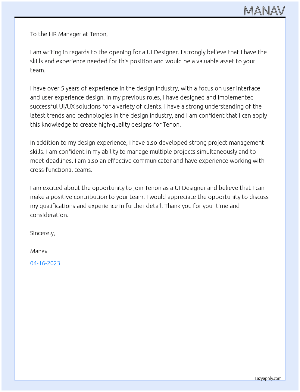 ui designer At Tenon Cover Letter