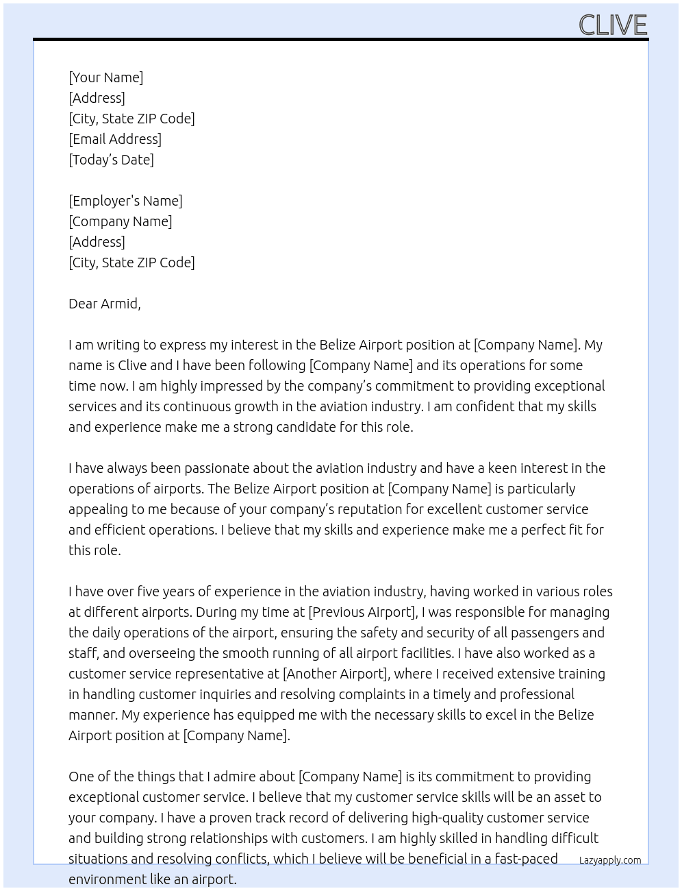 belize Airport At Air port Cover Letter