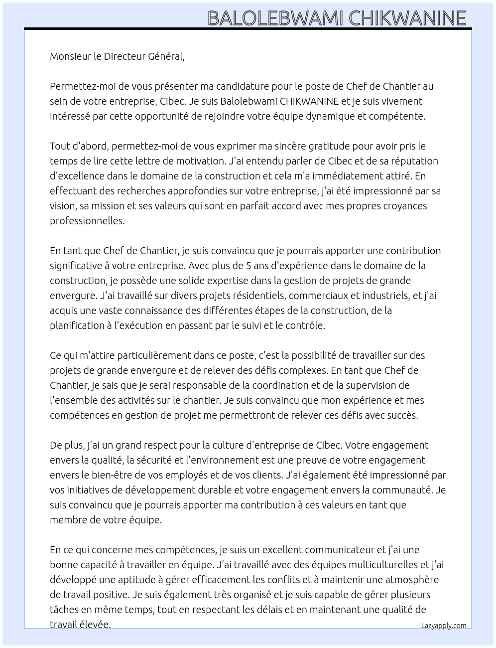 Chef de chantier  At Cibec Cover Letter