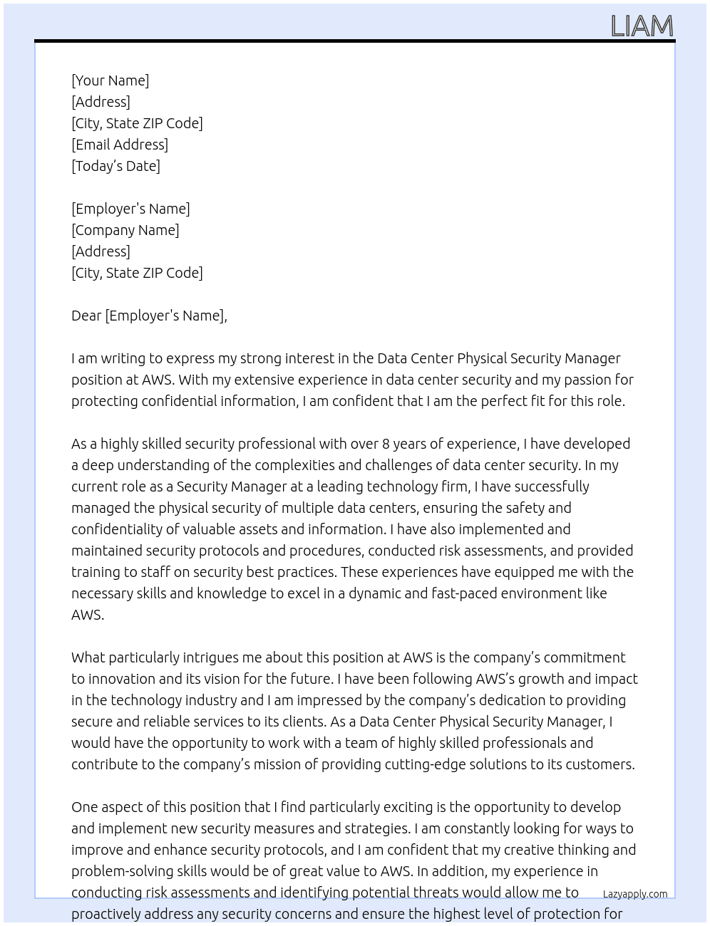 Data Center Physical Security Manager At AWS Cover Letter