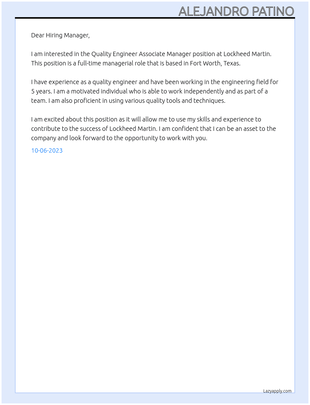 Quality Engineer Associate Manager At Lockheed Martin  Cover Letter