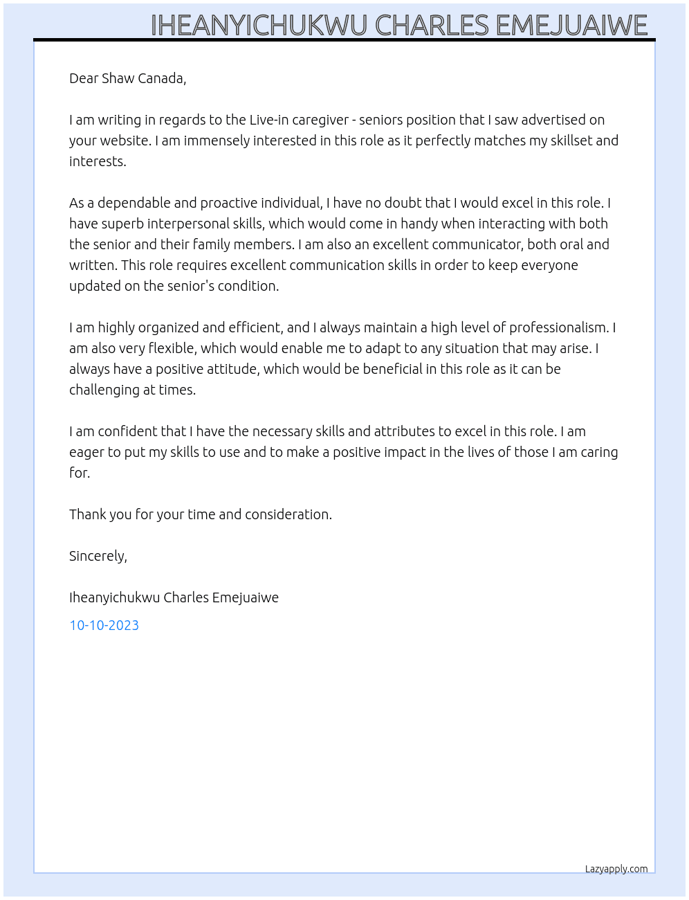 Live-in caregiver - seniors  At Shaw Canada  Cover Letter
