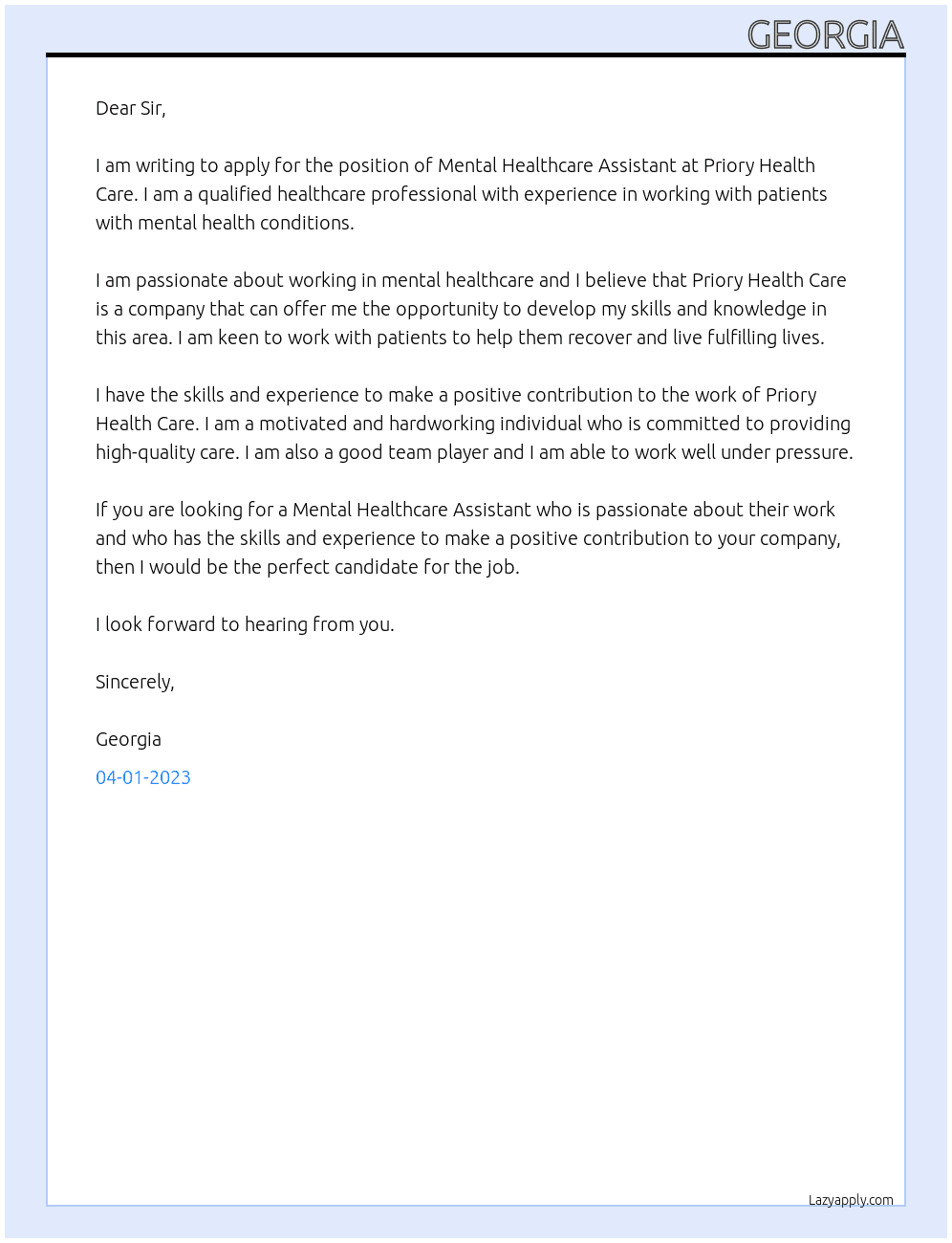 Mental Healthcare Assistant At Priory Health Care Cover Letter