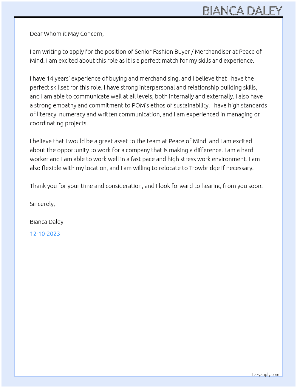 Senior Fashion Buyer / Merchandiser At Peace of Mind Cover Letter