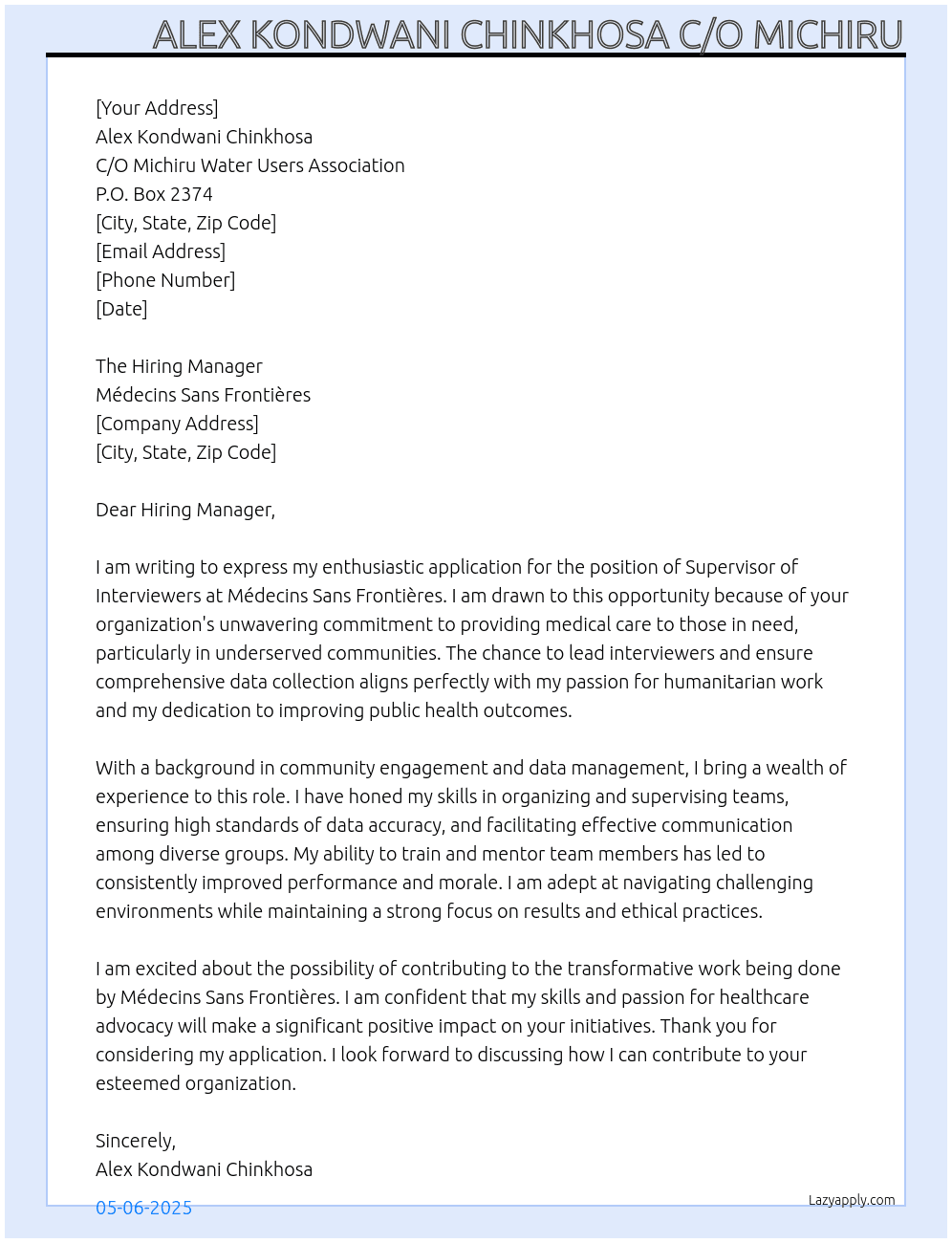 Cover letter for supervisors of interviewers - LazyApply