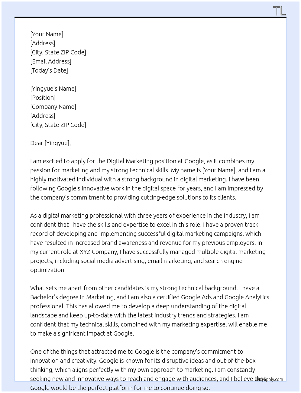 digital marketing At google Cover Letter