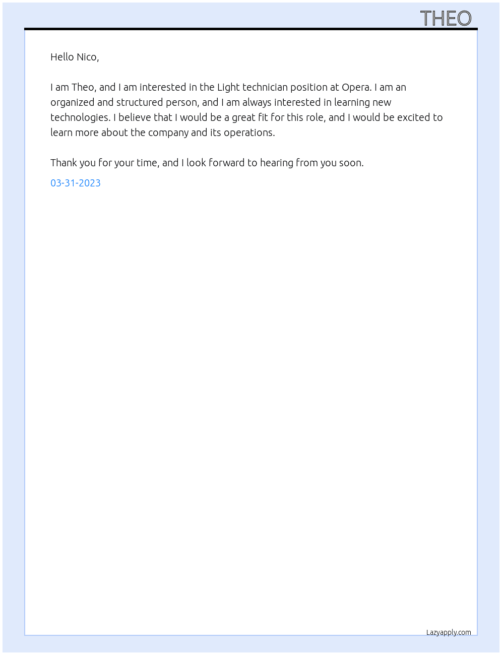 Light technician  At Opera  Cover Letter