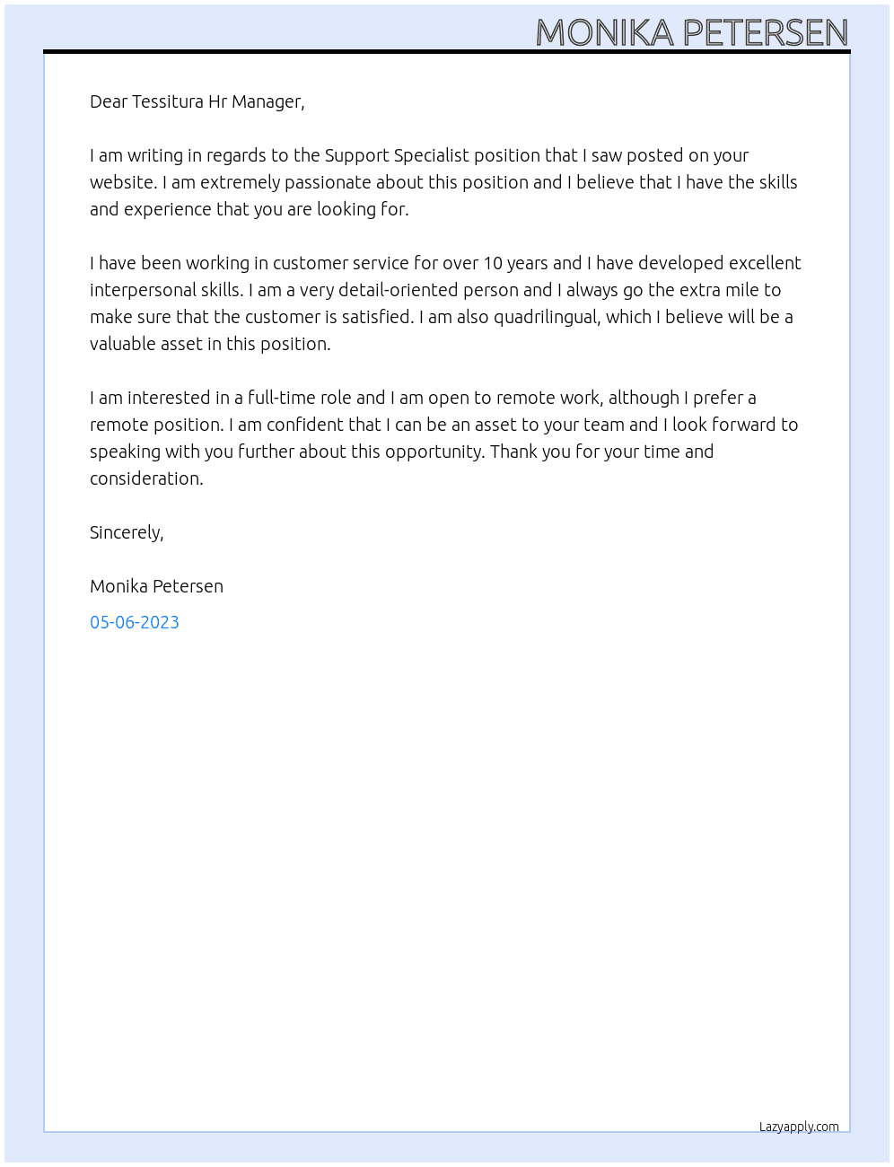 Support Specialist At Tessitura Cover Letter