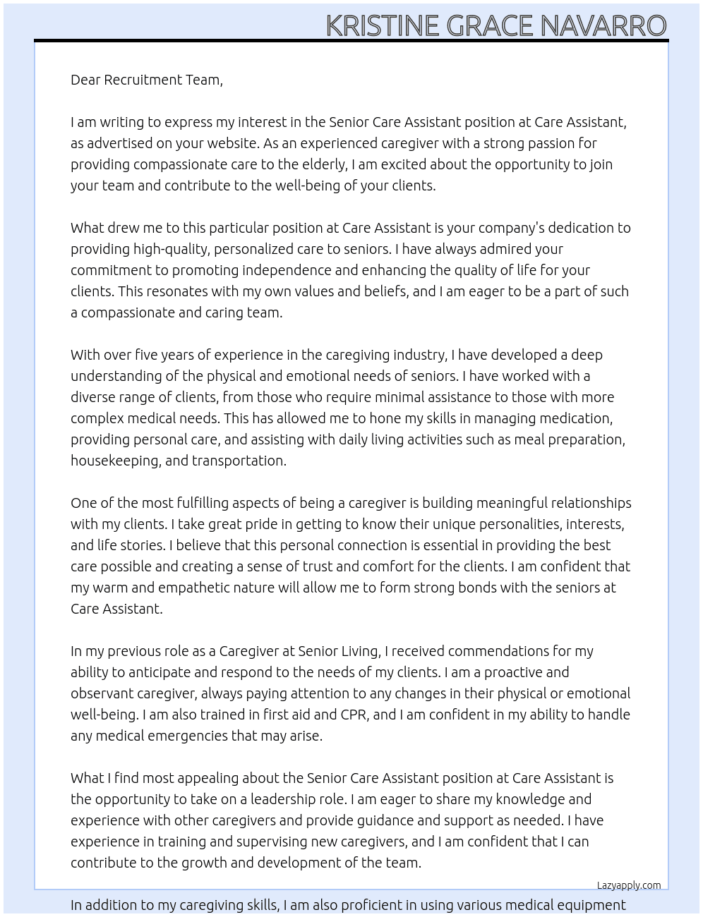 Senior care assistant  At Care assistant  Cover Letter