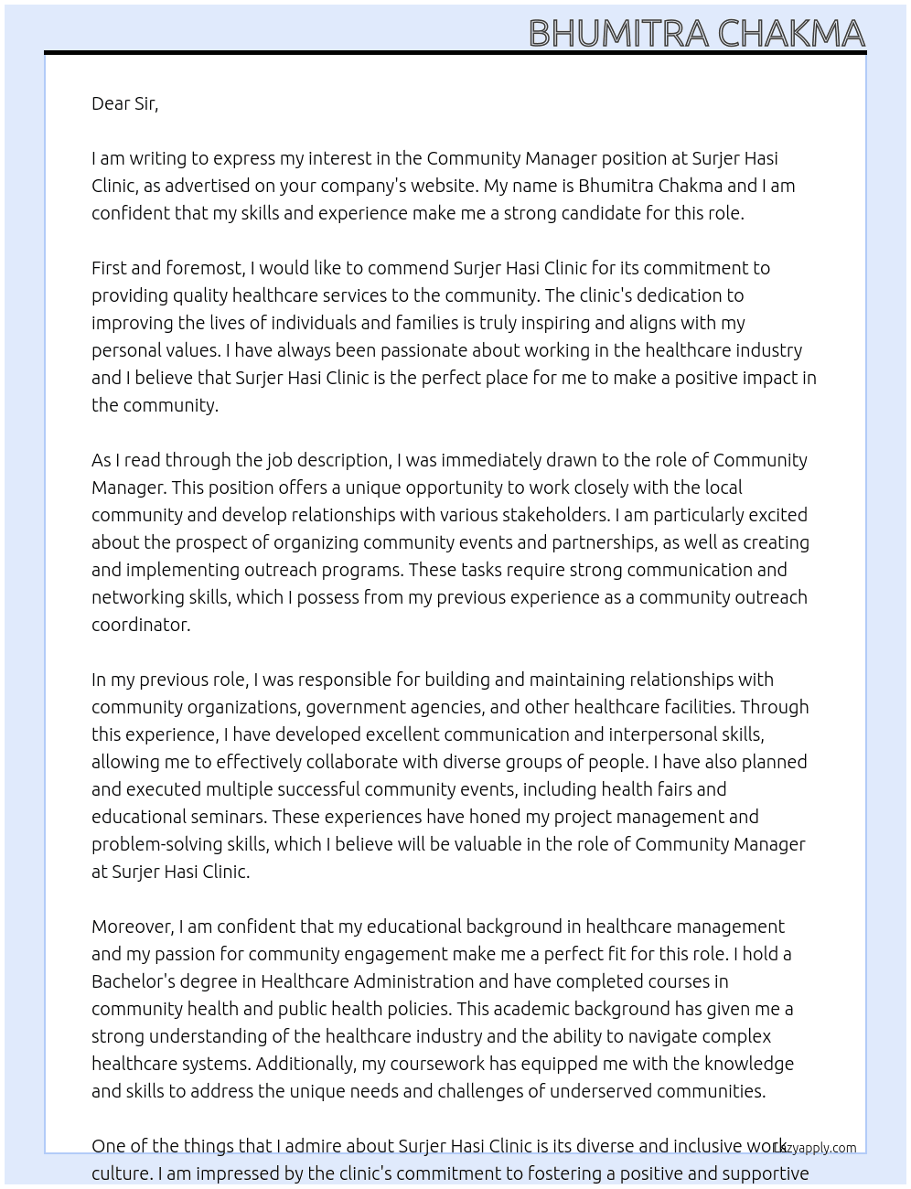 community maneger At Surjer Hasi Clinic  Cover Letter