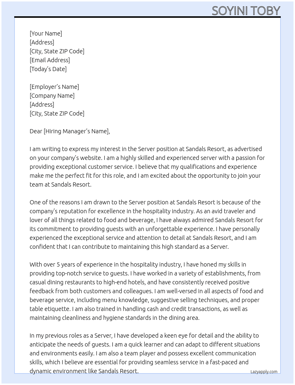 Server At Sandals resort  Cover Letter