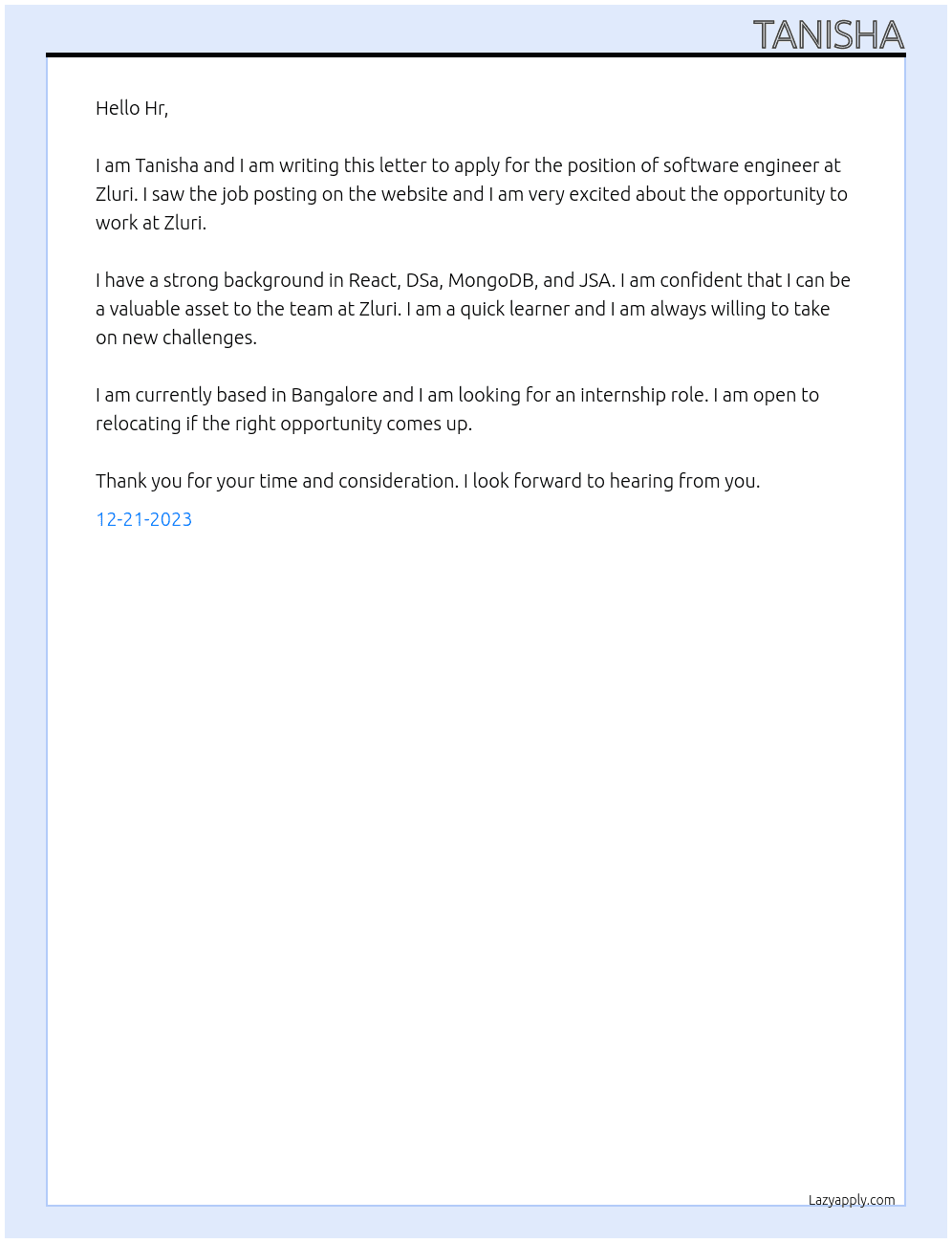 Software Engineer At Zluri  Cover Letter