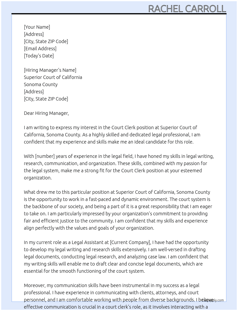 Court Clerk At Superior Court of California, Sonoma County Cover Letter