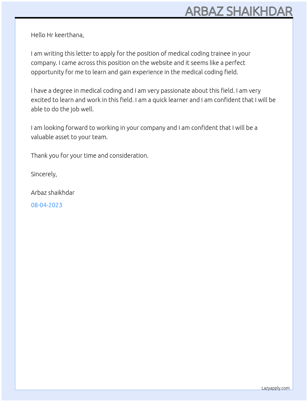 Medical Coding trainee At Medical coding tech  Cover Letter