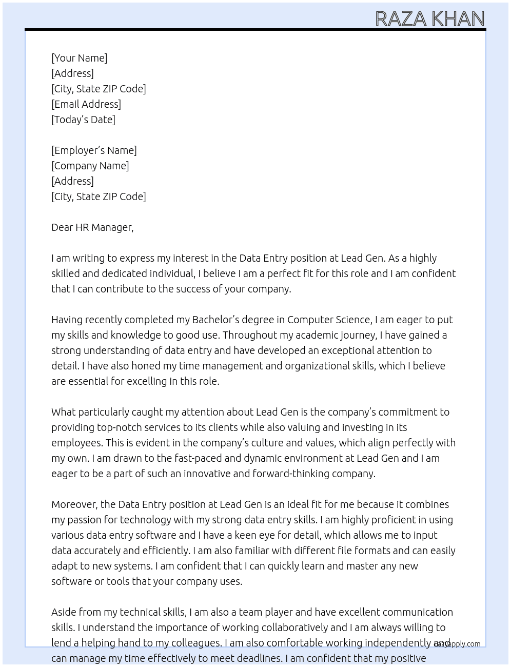 Data Entry At Lead Gen Cover Letter