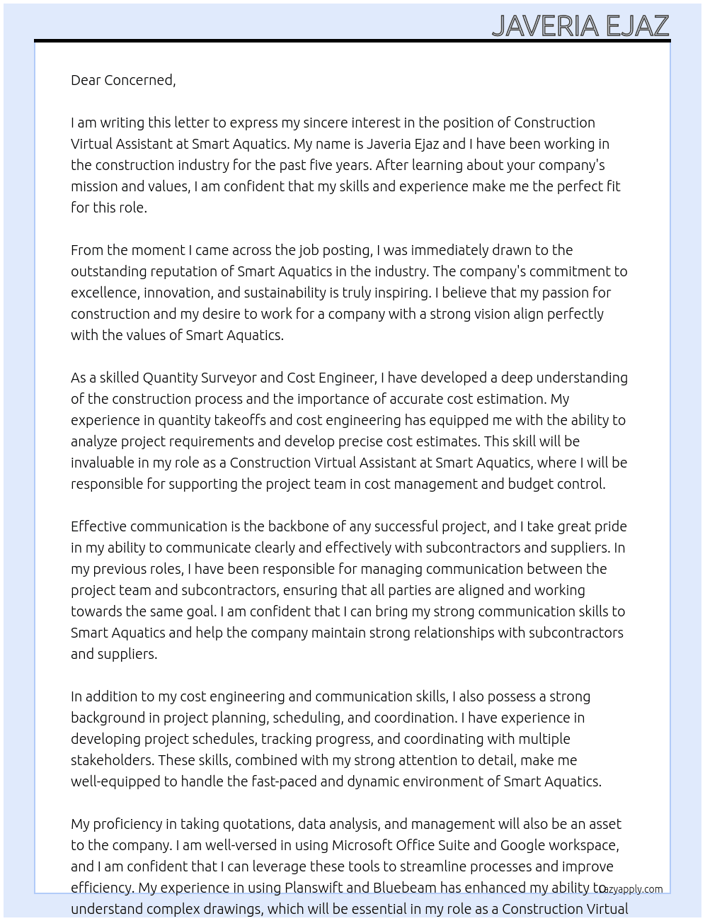 Construction virtual assistant At Smart Aquatics Cover Letter