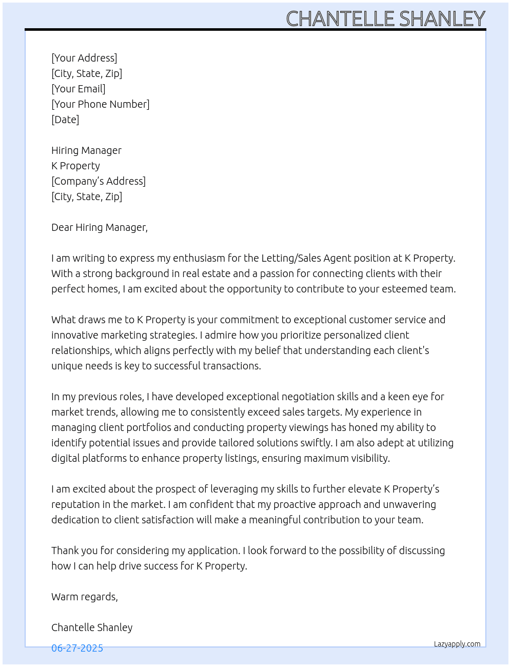 Cover letter for letting / sales agent - LazyApply