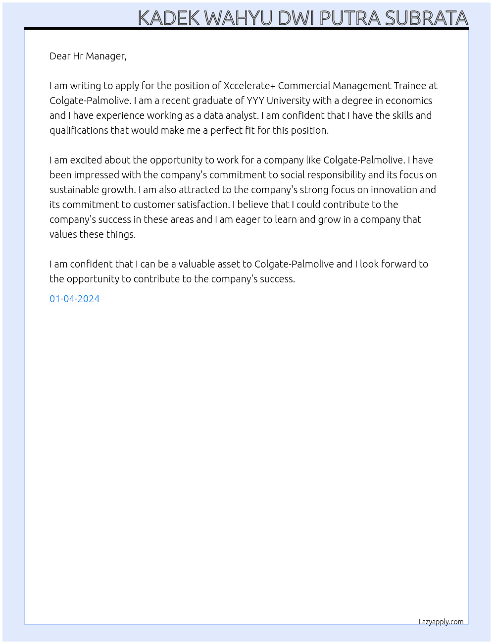 Xccelerate+ Commercial Management Trainee At Colgate-Palmolive Cover Letter