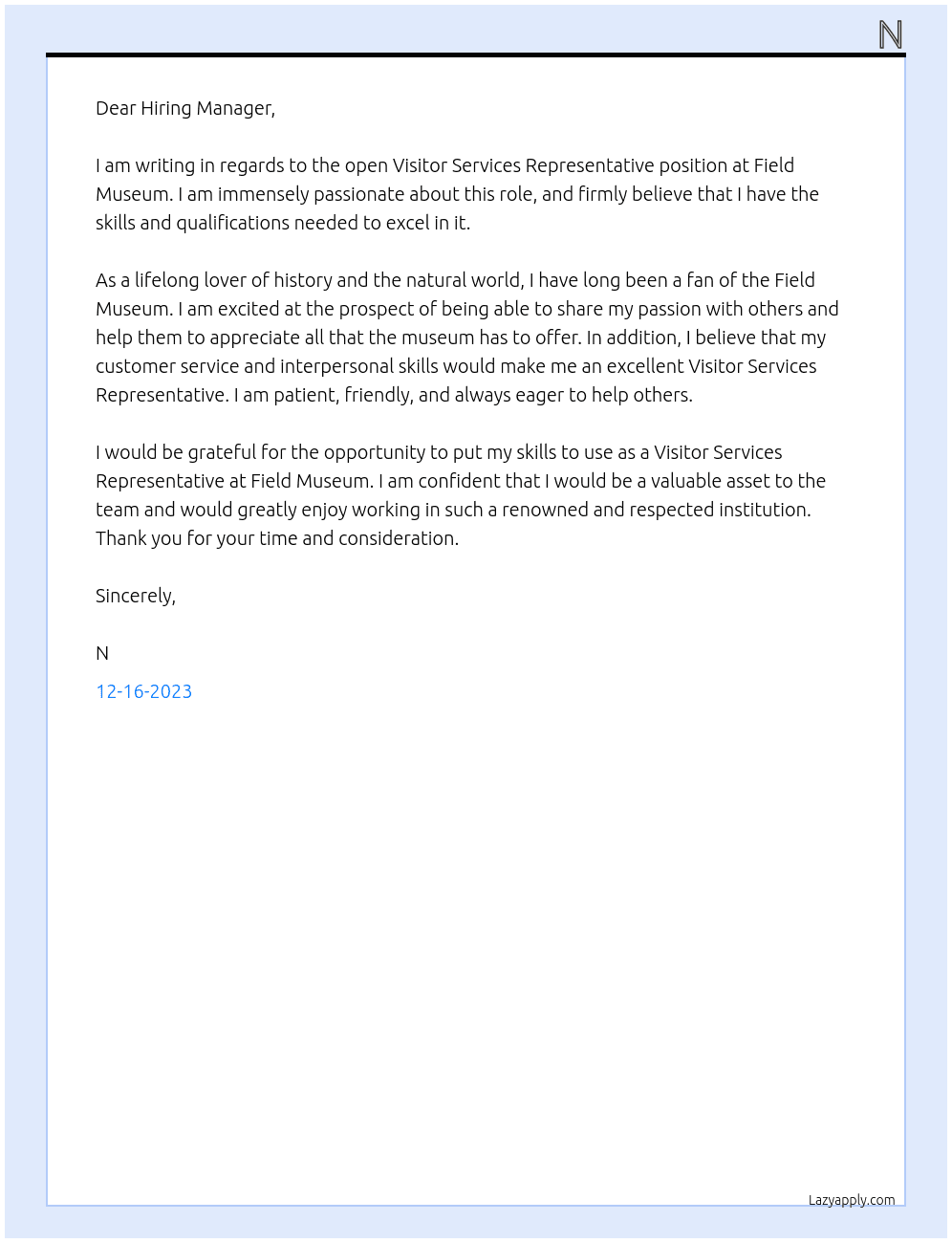 Visitor Services Representative (Full-Time) At Field Museum Cover Letter