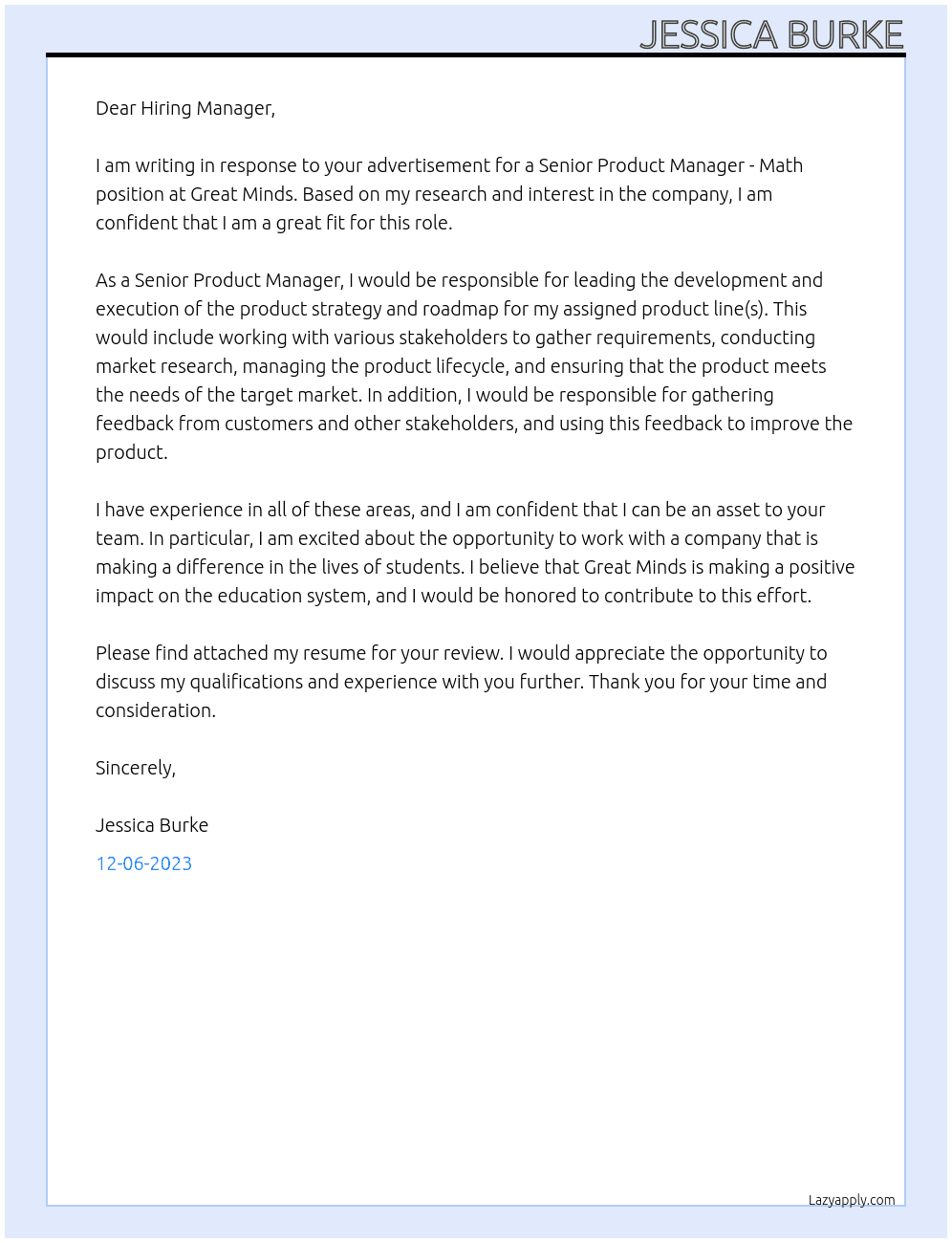 Senior Product Manager - Math At Great Minds Cover Letter