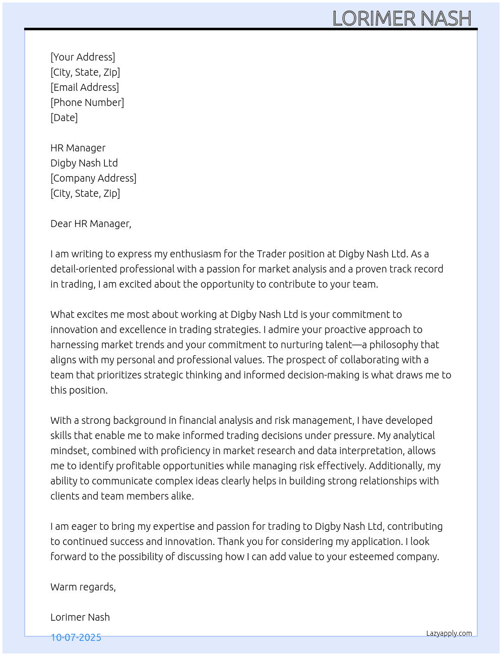 trader At Digby Nash Ltd Cover Letter