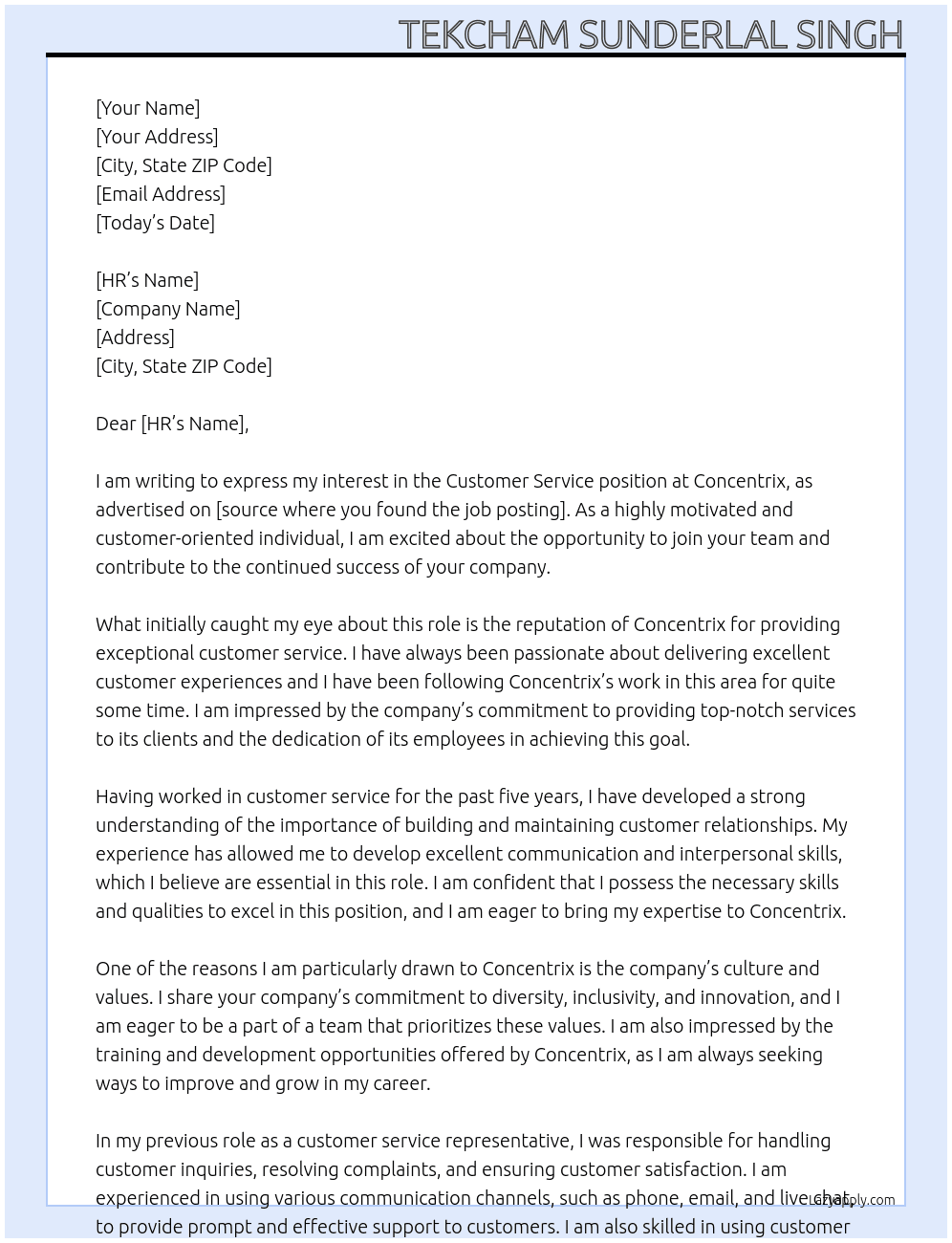 Customer service  At Concentrix Cover Letter