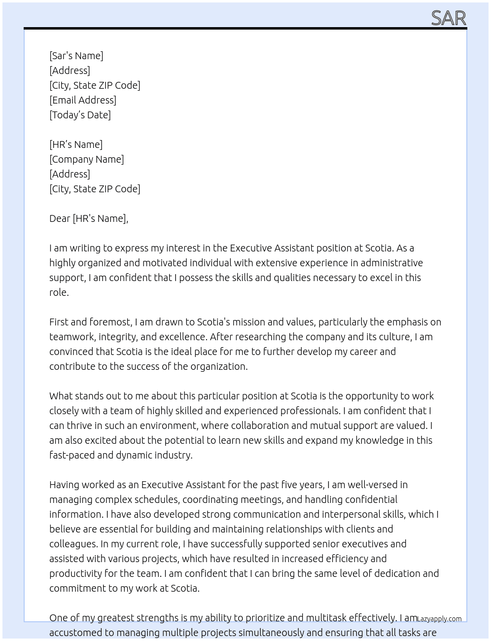 Executive Assistant At scotia Cover Letter